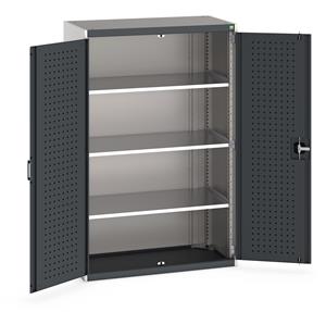 Heavy Duty Bott cubio cupboard with perfo panel lined hinged doors. 1050mm wide x 525mm deep x 1600mm high with 3 x100kg capacity shelves.... Bott Tool Storage Cupboards for workshops with Shelves and or Perfo Doors